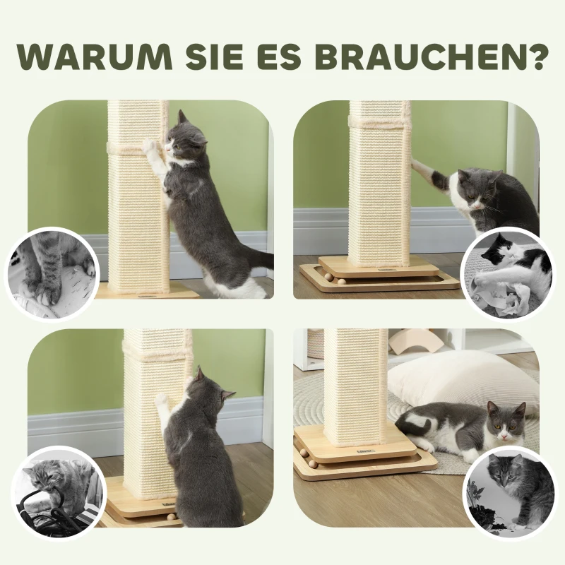 PawHut 3-in-1 Krabpaal met Speelrail, Speelbal, Sisal, tot 10 kg, 39,5 x 39,5 x 87 cm, Eiken/Crème