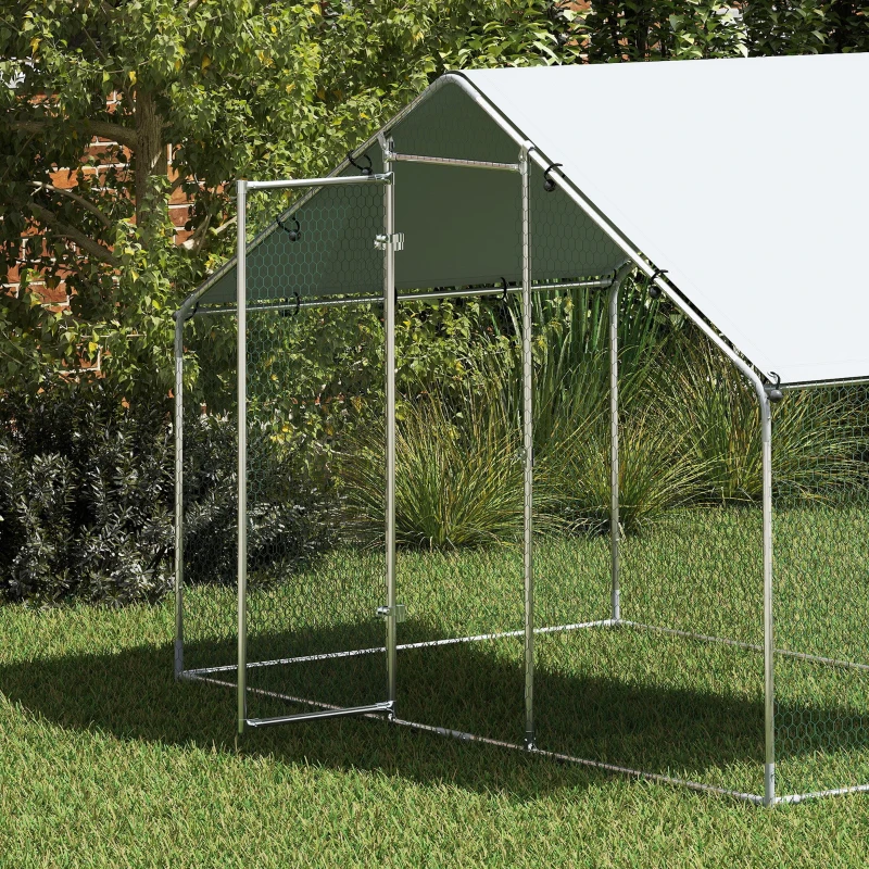 PawHut Kippenren voor 5-8 kippen, dakzeil, vergrendelbare deur, stalen frame, 5,1 m², 3 x 1,7 x 1,9 m