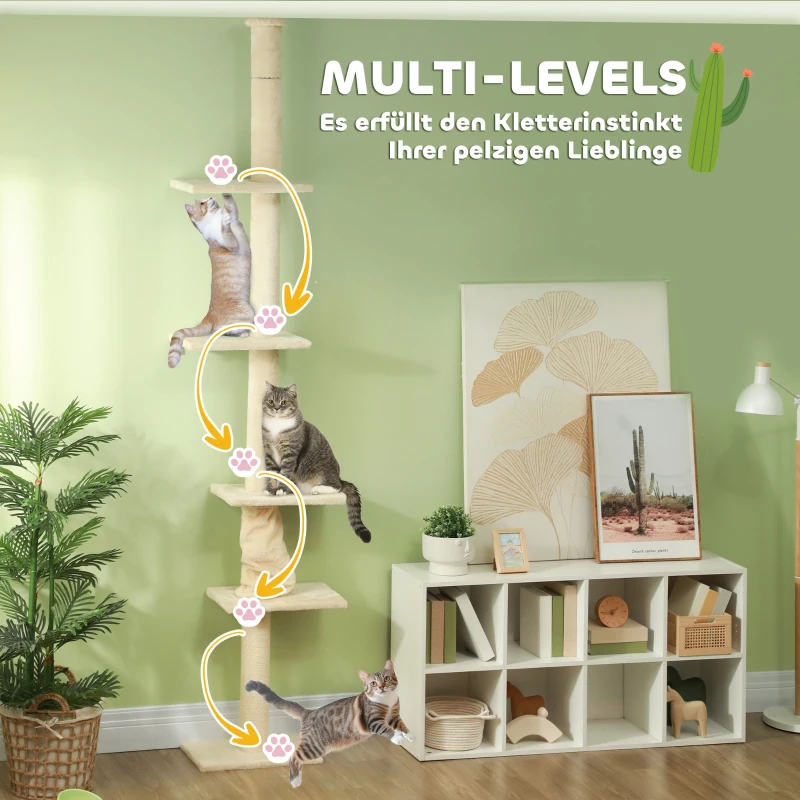 PawHut Krabpaal Plafondhoog, Verstelbaar 225-275 cm Kattenboom, Kattenkrabpaal met Krabpalen, 5 Platforms, Kattentoren voor middelgrote katten, Crèmewit