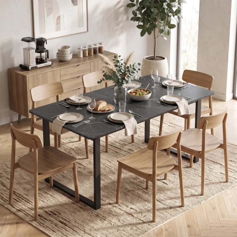 HOMCOM Uitschuifbare eettafel 140-180 cm voor 6-8 personen, rechthoekig, industrieel design met stalen frame, zwart