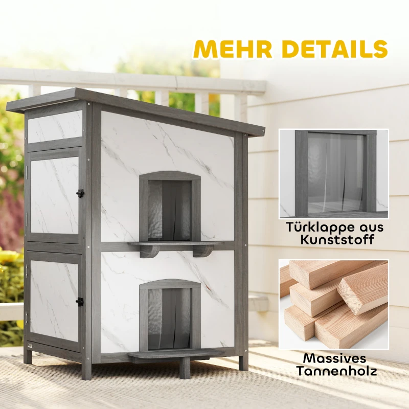 PawHut Buitenkattenhuis, Houten Huis voor Katten, Meerdere Ingangen, Raam, Waterdicht, 60 x 60 x 88 cm, Wit