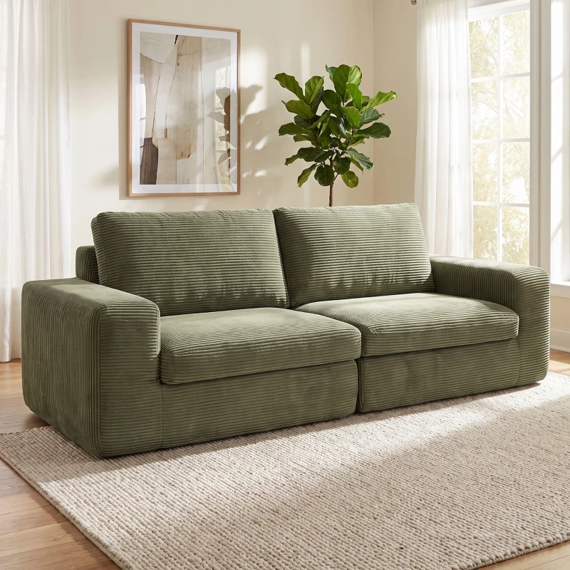 HOMCOM Canapé 3 Places en Velours Côtelé, Canapé de Salon Compressé Moderne 236 cm avec Coussin à Ressorts, Vert