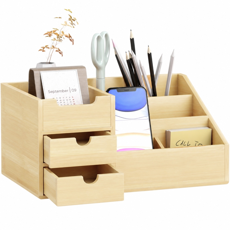 HOMCOM Boite de Rangement de Bureau - Organiseur de Bureau - 7 Compartiments, 2 tiroirs - Bambou Verni, Bambou