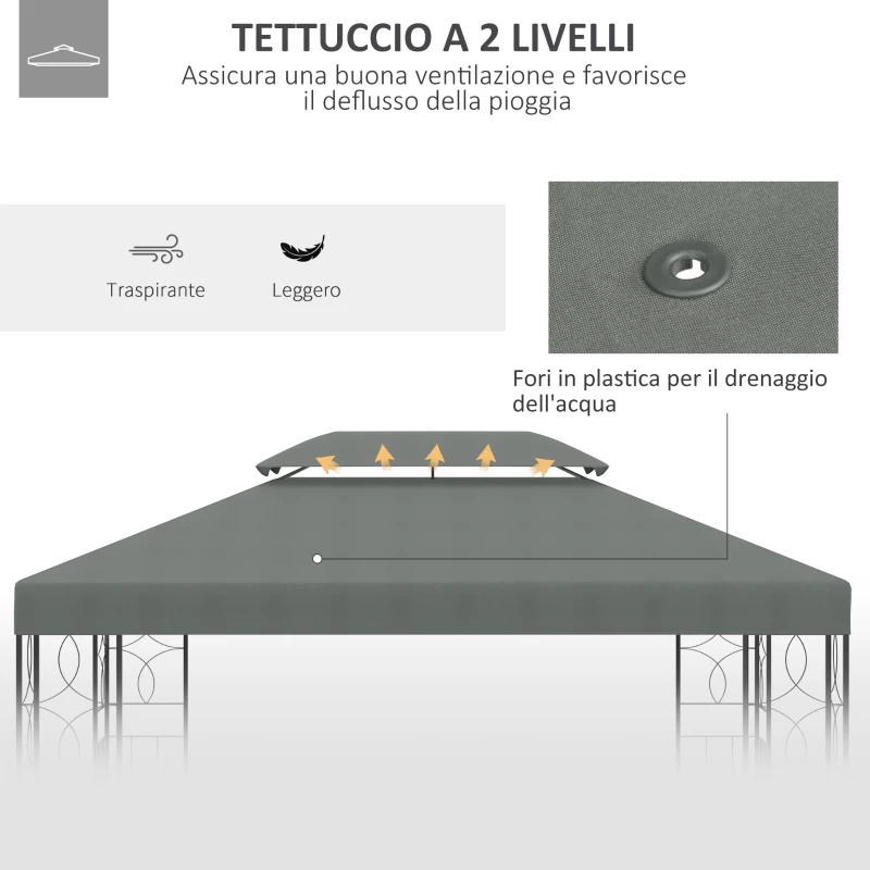 Outsunny Copertura per Gazebo 4x3 m a 2 Livelli in Poliestere con Cinghie e 10 Fori di Drenaggio, Grigio Scuro