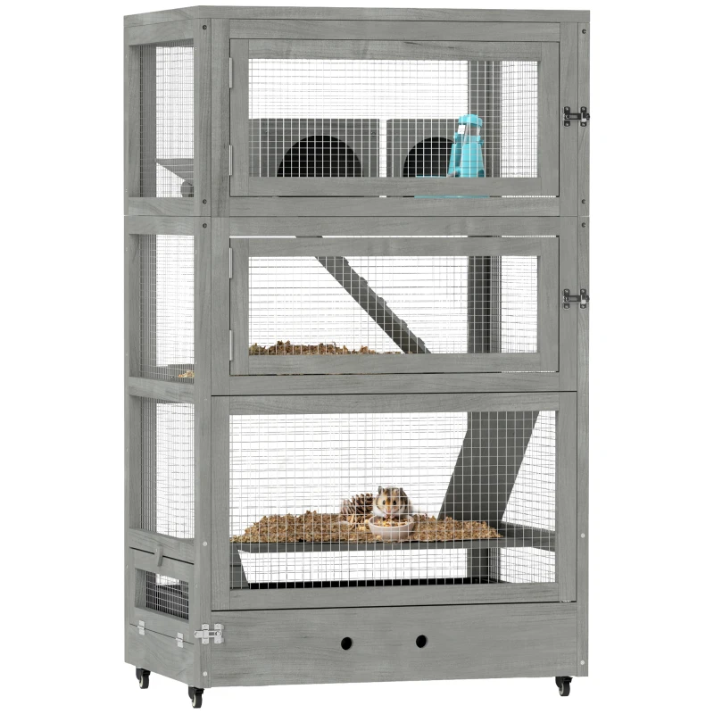 PawHut 4-laags houten hamsterkooi, met huisjes, wip, voederbakken, rampen, wielen, 65 x 45 x 109 cm, grijs(m-11)