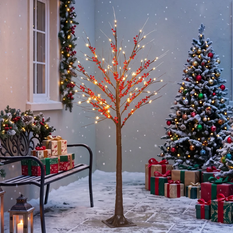 HOMCOM Árbol de Abedul Artificial 150 cm con 96 Luces LED Blanco Cálido Bayas Rojas Temporizador y 12 Ramas Flexibles Marrón