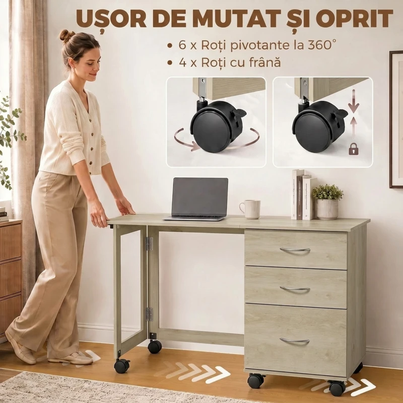 HOMCOM Birou Pliabil Con 3 Sertare, Stejar