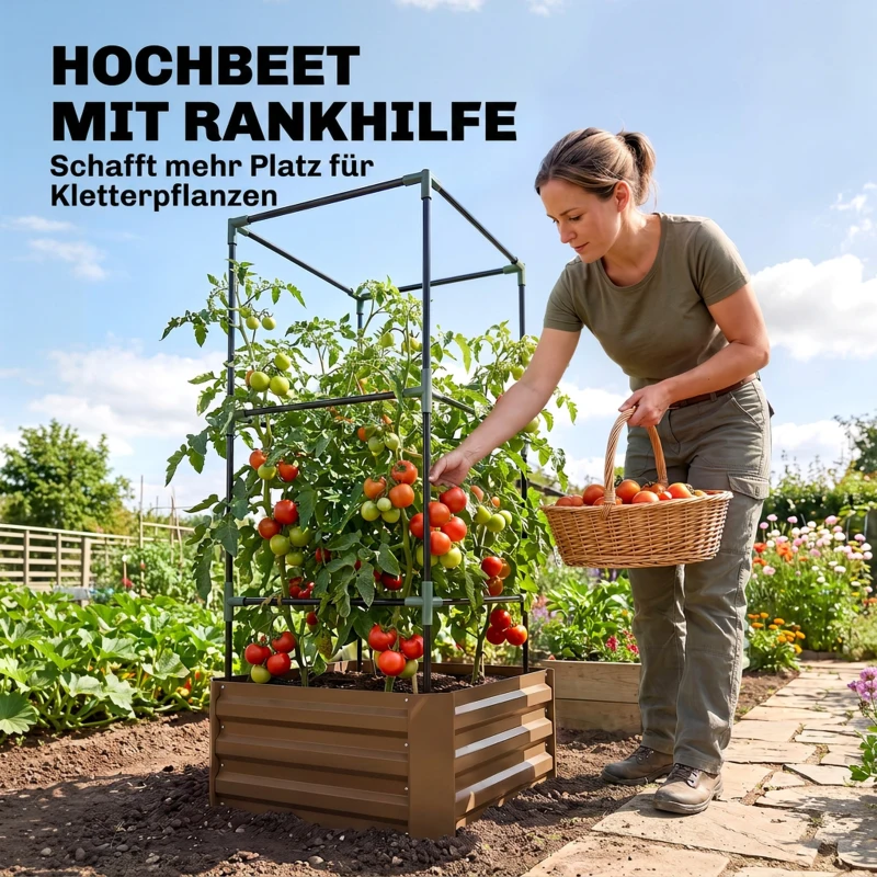 Outsunny Hochbeet mit Rankgitter Pflankasten mit Rankhilfe, offener Boden, wetterbeständig, 61 cm x 61 cm x 140 cm, Braun