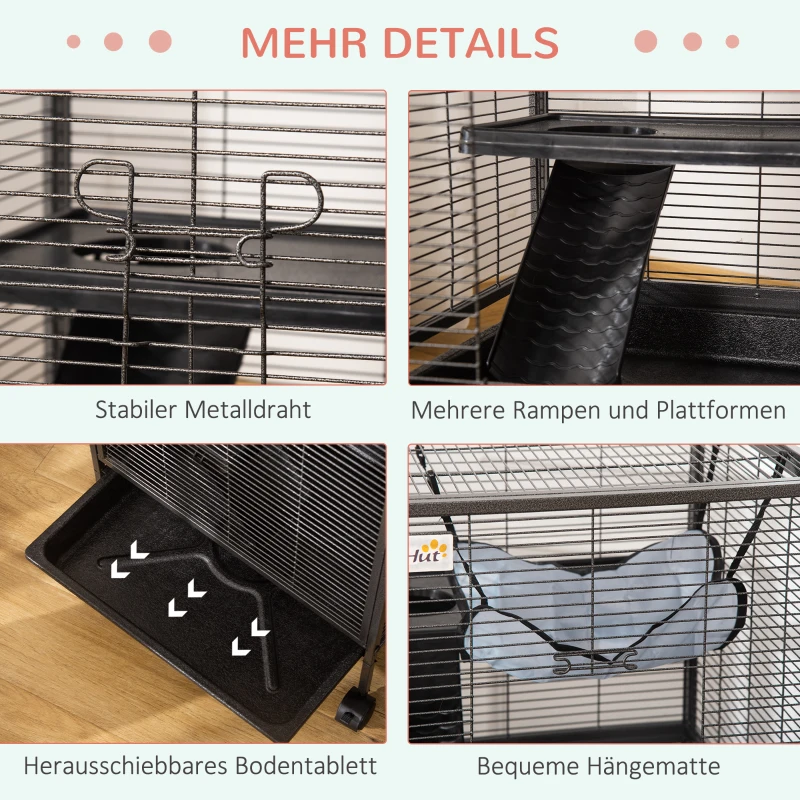 PawHut Kleintierkäfig, Rollbarer Nagerkäfig, 3-stöckiger Tierkäfig mit Hängematten 2 Türen, Metall, Stahl, 52 x 52 x 113,5 cm