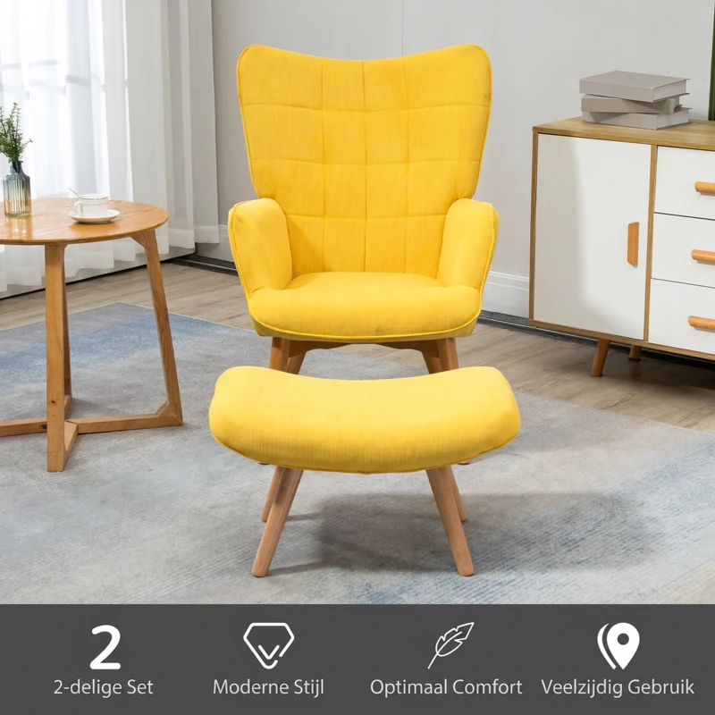 HOMCOM Fauteuil scandi accent met voetenbank, fauteuilset, beukenhout, corduroy-look, geel