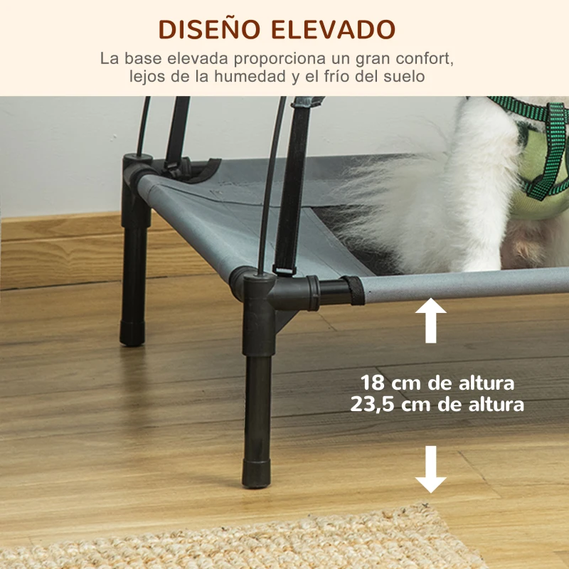 PawHut Cama Elevada para Mascotas con Toldo Extraíble Tela Transpirable al Aire Libre para Interior y Exterior 61x46x62 cm Gris
