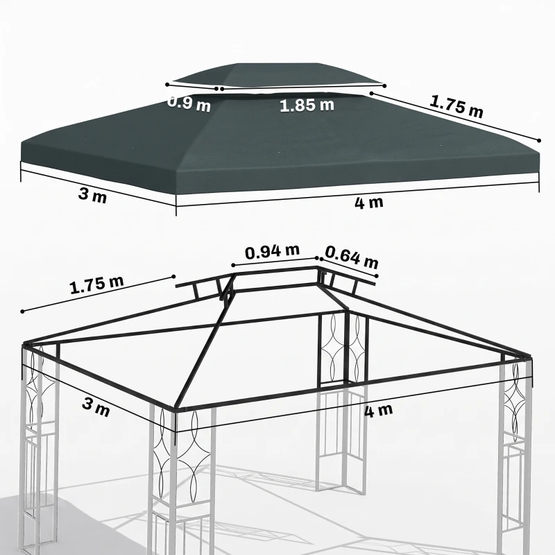 Outsunny Gazebo Roof Replacement, for 3 x 4m Frames - Grey
