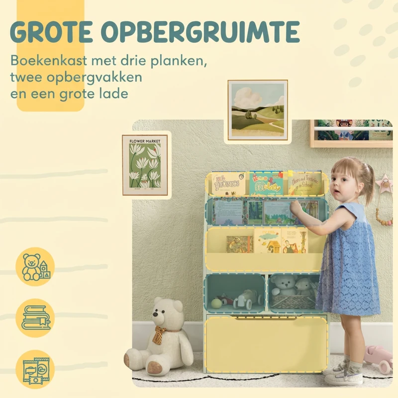 HOMCOM Kinderrek met Lade, Boekenrek met Vakken, 60 x 29,9 x 90 cm, Groen(m-4)