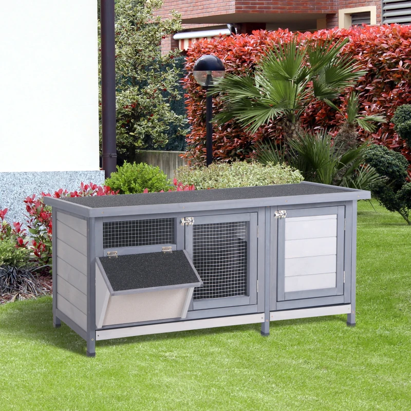 PawHut Hasenstall Winterfest Kaninchenstall aus Holz 112x50x54 cm Kaninchenkäfig mit Bitumendach, 2 Türen, Metallgitter, Hasenkäfig für Kaninchen, Meerschweinchen Outdoor Grau+Schwarz