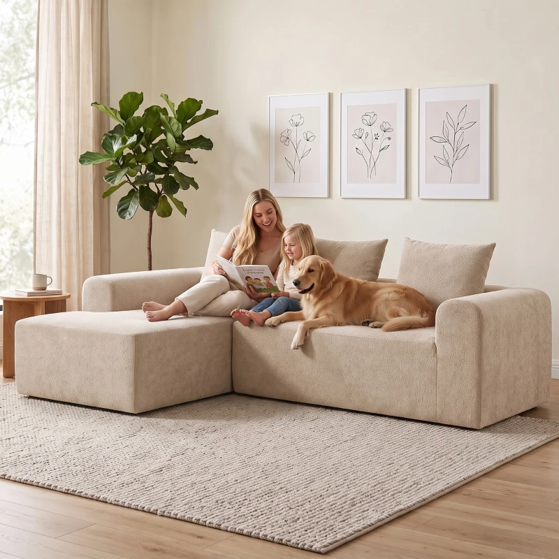 HOMCOM Narożnik z szezlongiem, bezramowa sofa w kształcie L z chenille, głębokie siedzisko, sprężyny kieszeniowe, beżowy
