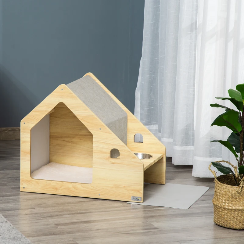 PawHut Caseta para Perros de Madera Cama de Interior para Cachorros con Comedero 2 Cuencos de Acero Inoxidable y Cojín Suave Desenfundable 62x40x54 cm Roble y Gris