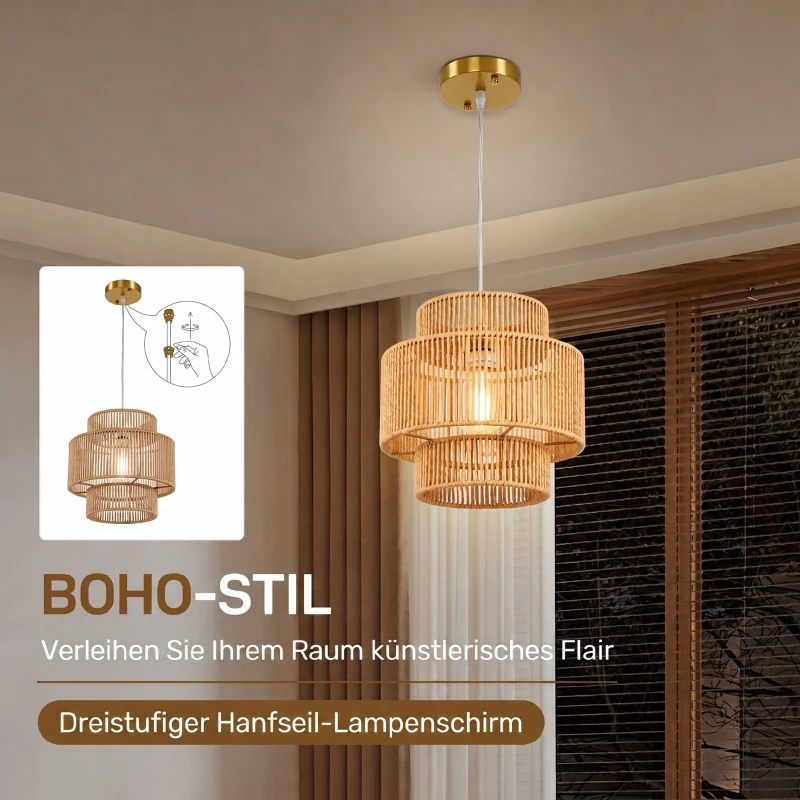 HOMCOM Hanglamp, driedelige lampenkap, metaal, henneptouw, lichtbruin
