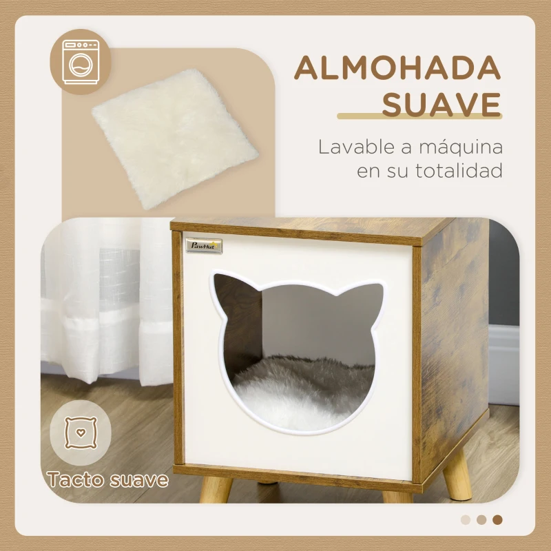PawHut Caseta de Madera para Gatos Casa para Gatos Interior con Cojín Lavable y Patas Elevadas 34x34x44,5 cm Marrón