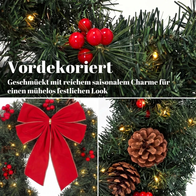 HOMCOM Kerstkrans 60 cm, deurkrans in Crestwood-sparrenlook met strik, 50 leds, 140 takpunten, 8 lichtstanden