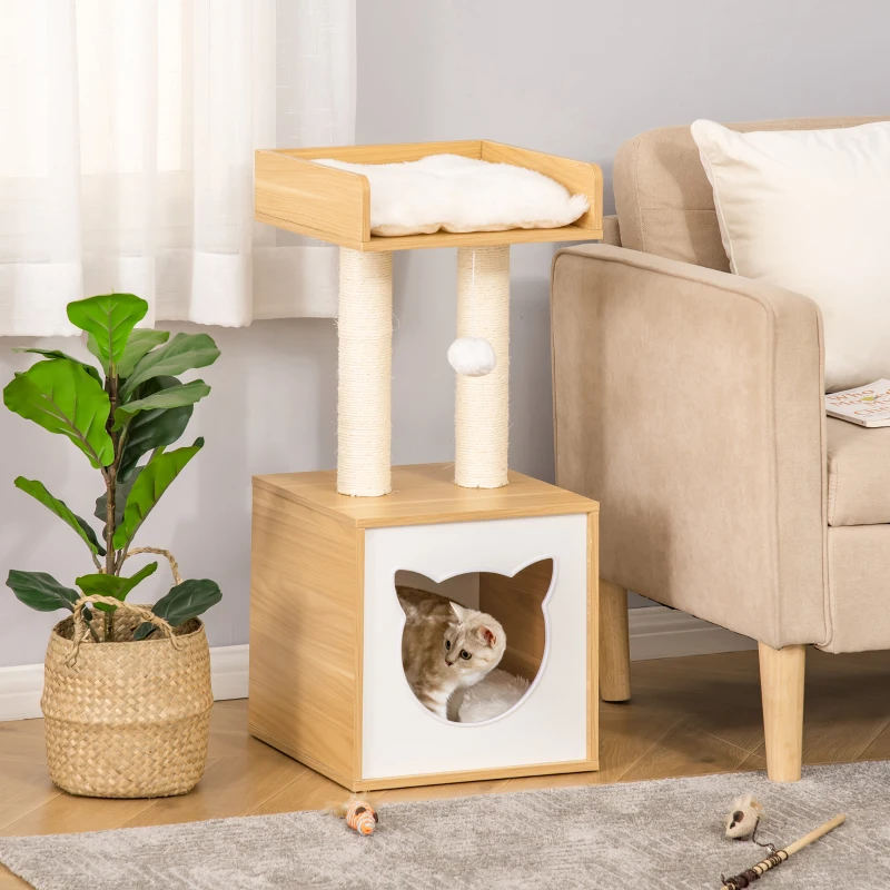 PawHut Katzenhöhle Katzenbett mit waschbarem Kissen, Plattform, Kratzsäule, Spielball, Katzenhaus für Katzen für Indoor 35 x 35 x 81 cm Eiche