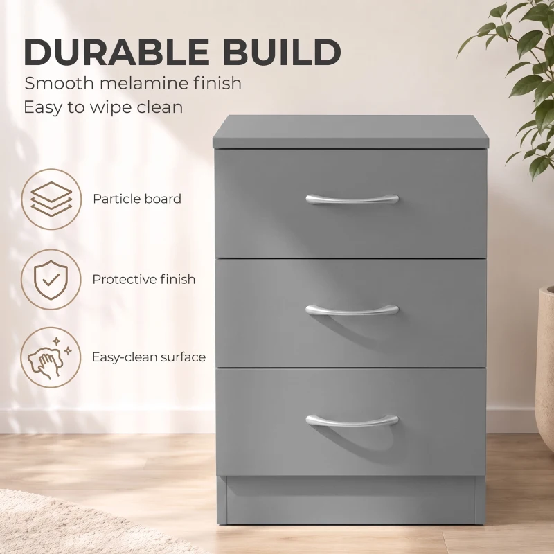 HOMCOM Three-Drawer Simple Bedside Table - Grey