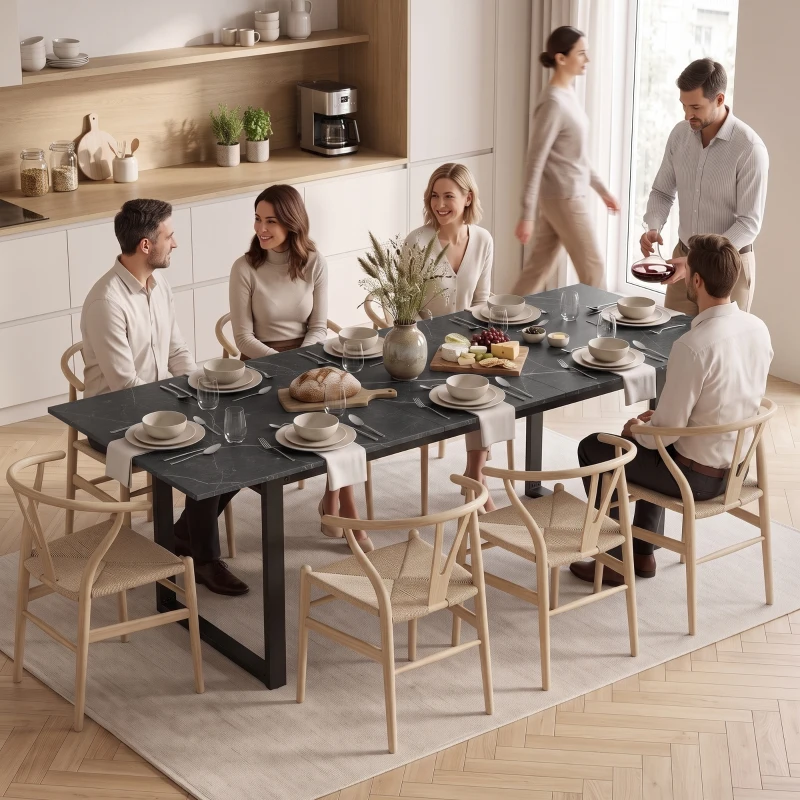 HOMCOM Uitschuifbare eettafel 140-180 cm voor 6-8 personen, rechthoekig, industrieel design met stalen frame, zwart