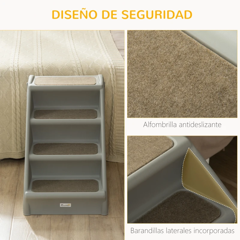 PawHut Escalón para Perros Gatos Portátil con Alfombras Antideslizantes para Cama Sofá Carga 20 kg 62x38x49,5 cm Gris