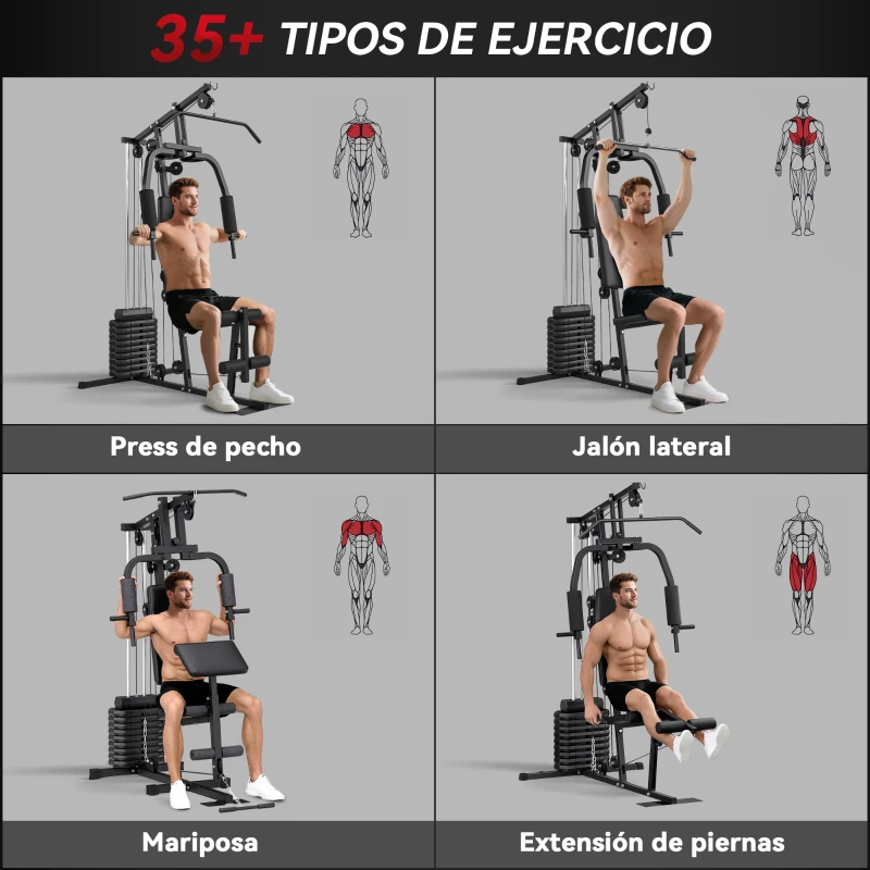 HOMCOM Máquina de Musculación con Pesas Ajustables de 45 kg Prensa de Pecho y Piernas Polea 135x103x200 cm Negro