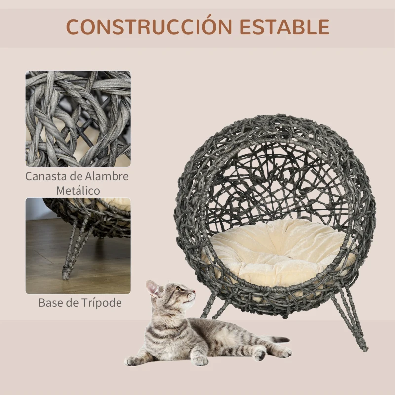 PawHut Cama Cueva de Ratán para Gatos o Mascotas Pequeña con Base Trípode Cojín de Felpa y Algodón Suave Diseño Elevado Estable Φ52x58 cm Gris