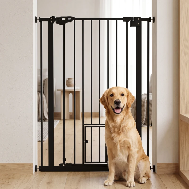 PawHut Extra Tall Pet Gate, Indoor Dog Safety Gate, with Cat Flap, Auto Close, 74-80cm Wide - Black