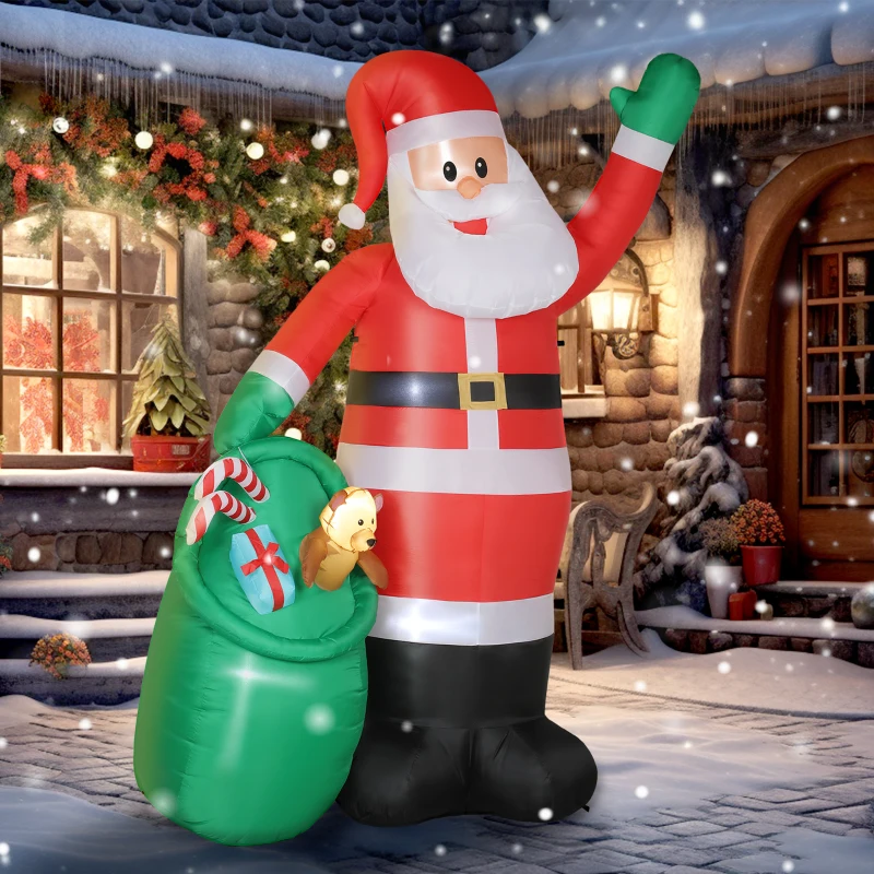 Outsunny Aufblasbarer Weihnachtsmann, 275 cm, mit Sack und Bär, Weihnachtsdeko mit integrierten LED-Lichtern