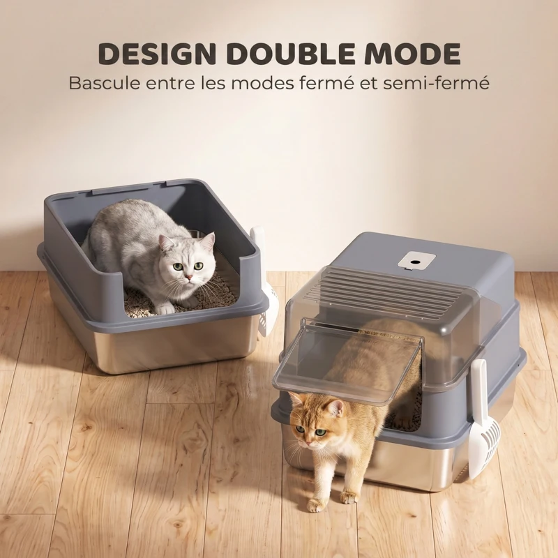 PawHut Bac à Litière pour Chat en Acier Inox. 2 en 1 Couvercle Pelle Filtres Sacs Désodorisants Grande Taille 48x38x34cm Gris