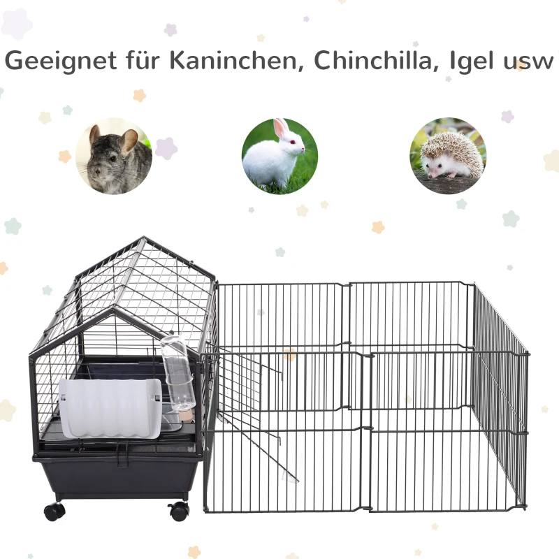 Pawhut Kleintierkäfig mit Freigehege inkl. Zubehör 88 cm x 128,5 cm x 56 cm  4 Rollen Schwarz Metall Polypropylen