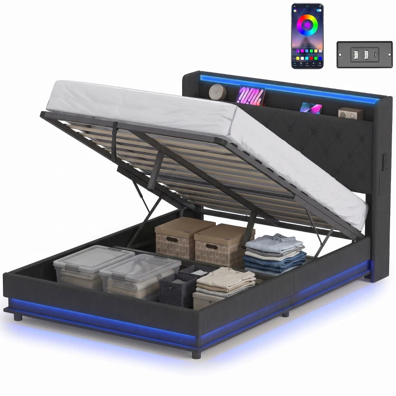 HOMCOM 4ft6 Double Bed Frame with Headboard, Platform Bed Frame with Hydraulic Storage, LED Lights and Charging Station, Black