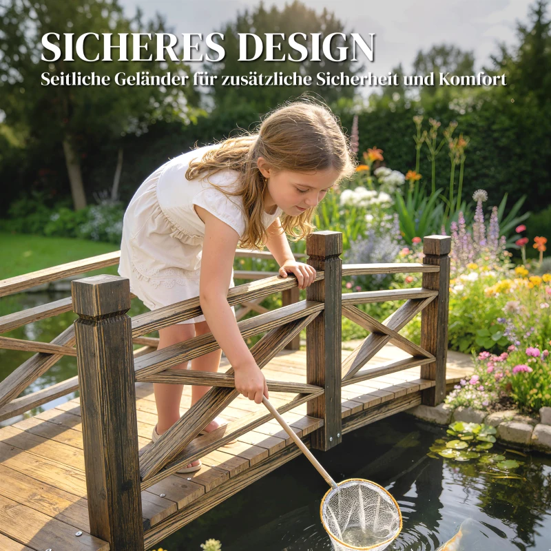 Outsunny Holzbrücke mit Geländer Gartenbrücke aus Tannenholz Teichbrücke mit Antik-Optik, begehbar 174 x 78 x 57,5 cm Verkohlt