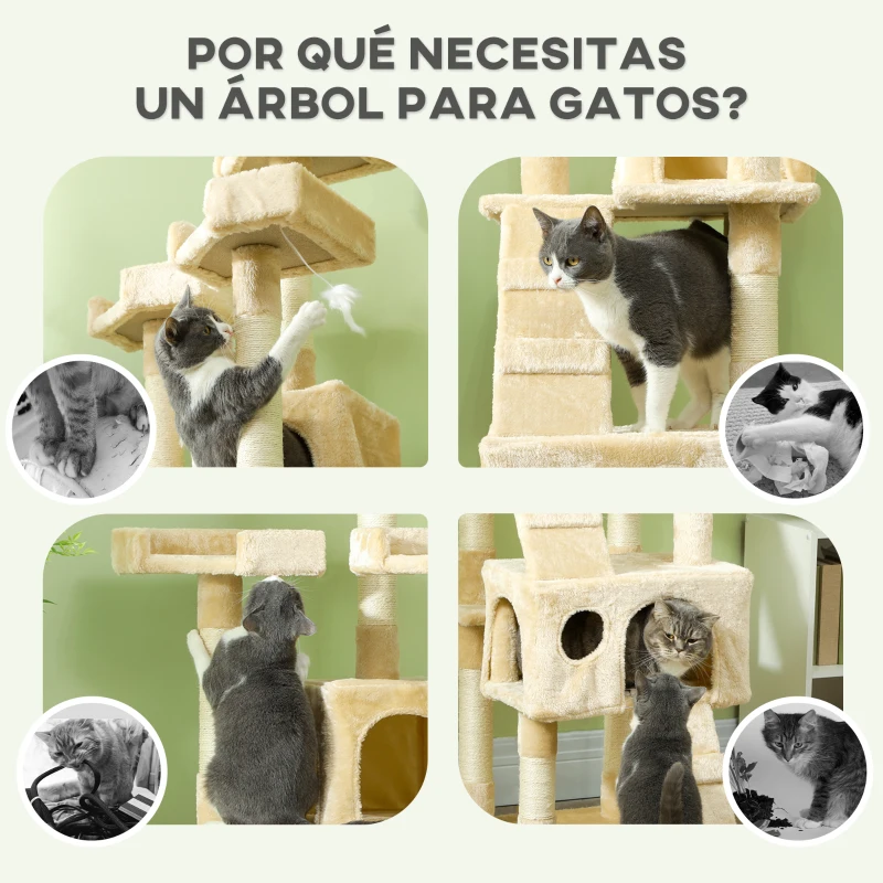 PawHut Árbol Rascador para Gatos, Árbol para Gatos 173 cm, Torre Escalador con 2 Cuevas, 3 Camas, 2 Rampas, Postes de Sisal, 2 Ratones Colgantes, Beige