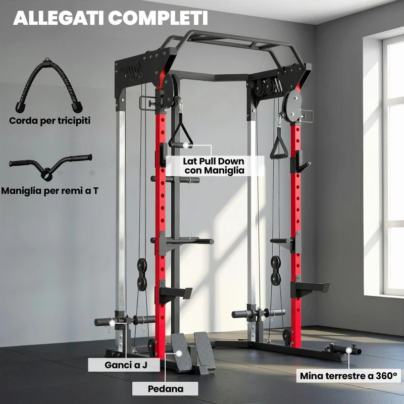 SPORTNOW Power Tower con Sistema di Cavi Pulley Regolabili, Rack Palestra Multifunzione con Barre Trazioni e Dip, Ganci J, Squat Rack, Supporto Landmine, Capacità 900 kg