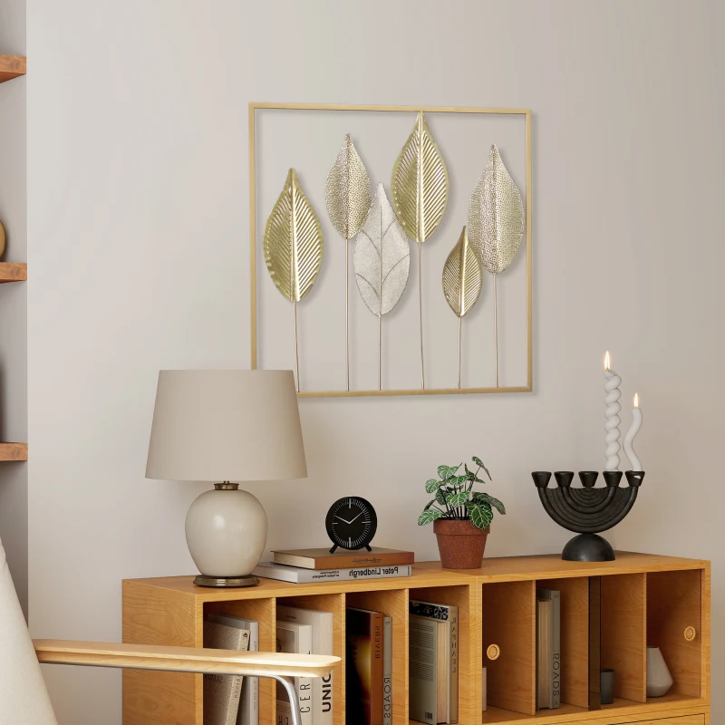 HOMCOM Metallrahmen mit Blattdesign, Wandschmuck, moderner Stil, Goldfarben