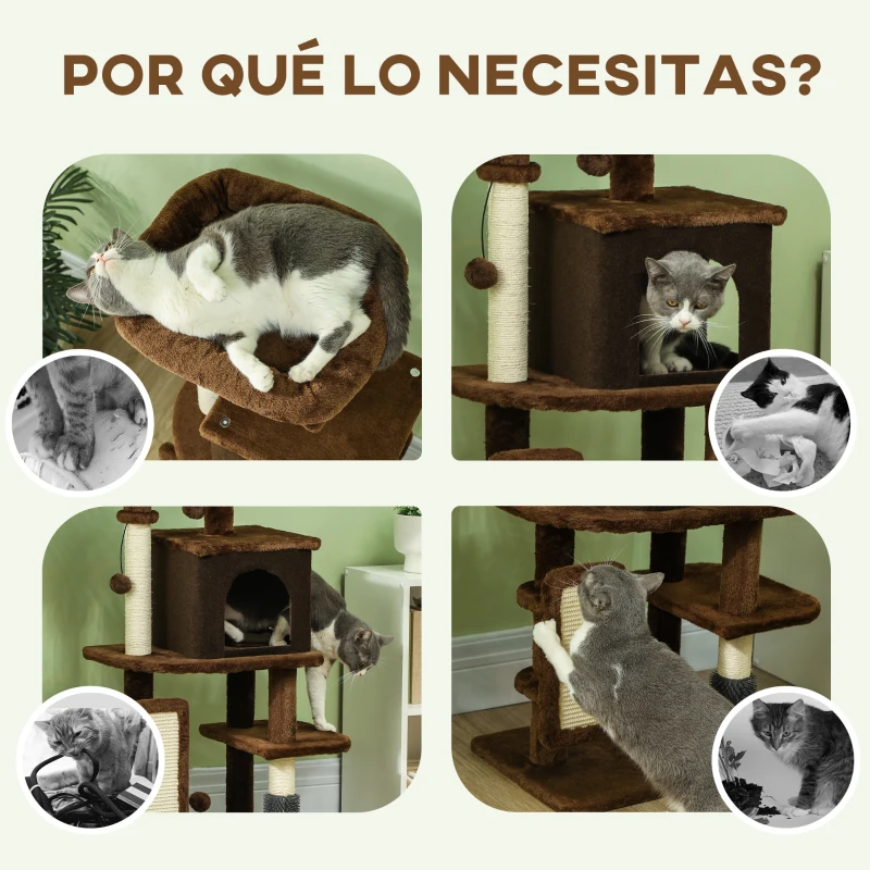 PawHut Árbol Rascador para Gatos 104 cm con Plataformas Poste con Cepillo Bolas Colgantes y Almohadilla para Rascar Marrón