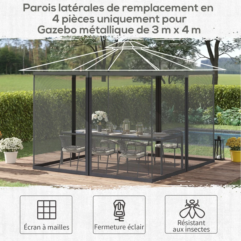 Outsunny Moustiquaires pour tonnelle barnum pavillon de jardin 3 x 4 m - lot de 4 moustiquaires zippées + crochets d'attaches
