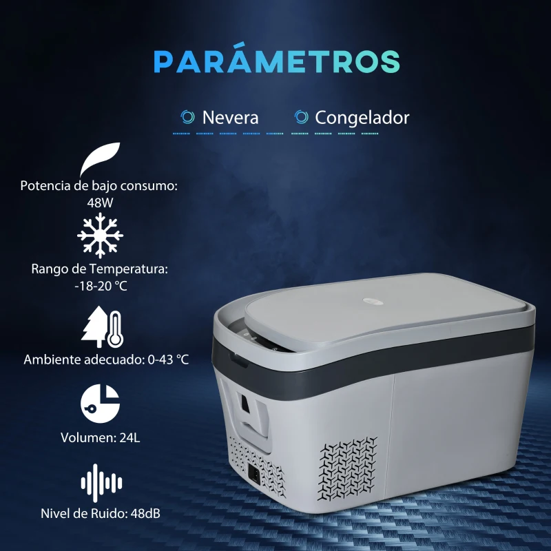 HOMCOM Nevera Portátil Compresor Mini Frigorífico 24L 12V/24V CC de 20℃ a -18℃ con Pantalla LED Táctil y Luz Eléctrica Refrigerador de Coche para Hogar Camping Viajes Automóvil 58x36,4x34,5 cm Gris