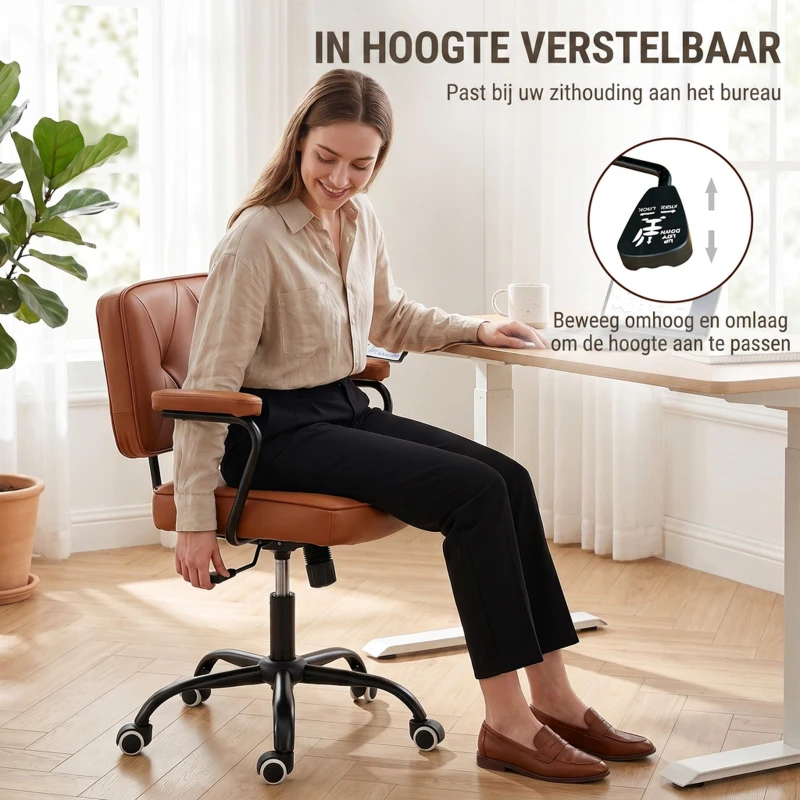 Vinsetto bureaustoel met wielen, draaistoel, bureaustoel, tuimelfunctie, bruin