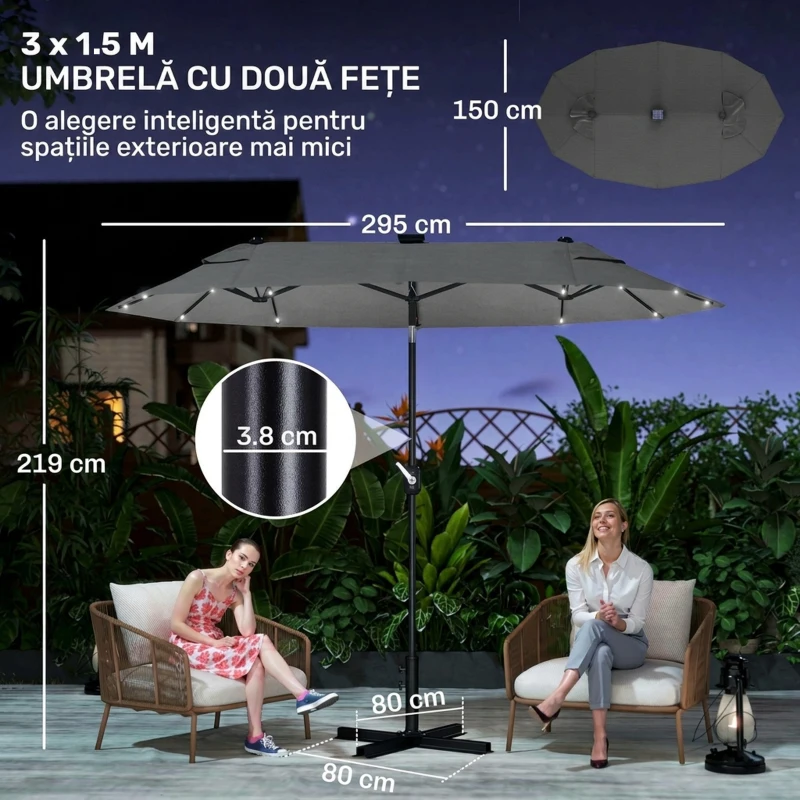 Outsunny Umbrelă dublă cu bază în formă de cruce și lumini solare, 295x150x219cm, gri
