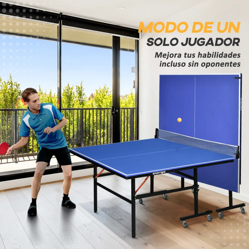 SPORTNOW Mesa de Ping Pong Plegable con Ruedas para Interior y Exterior con Red Palas y Pelota 274x152,5x76 cm Azul