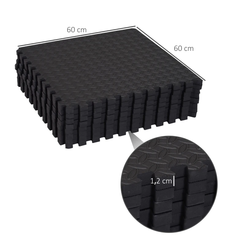 HOMCOM Esterillas Puzzle de Fitness de 6 Piezas 60x60x1,2 cm Esterilla Protectora de Suelo con Bordes de Espuma EVA de 2,16 m² para Ejercicio Gimnasio Juego Negro