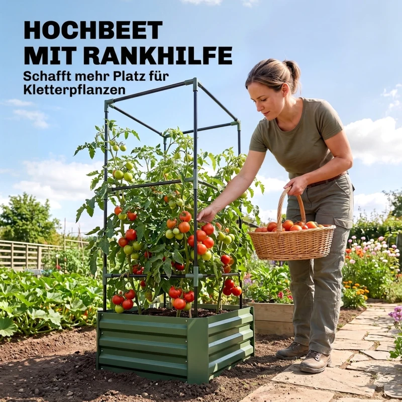 Outsunny Verhoogde plantenbak met klimrek, plantenbak met klimsteun, open bodem, weerbestendig, 61 cm x 61 cm x 140 cm, groen