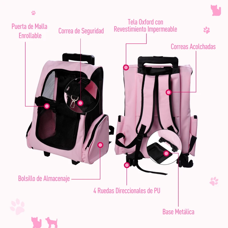 PawHut Transportín 2 en 1 para Mascotas Mochila o Carrito de Viaje para Perro y Gato con 2 Ruedas con Asa retráctil de Aluminio y Bolsillos 42x25x55 cm Rosa