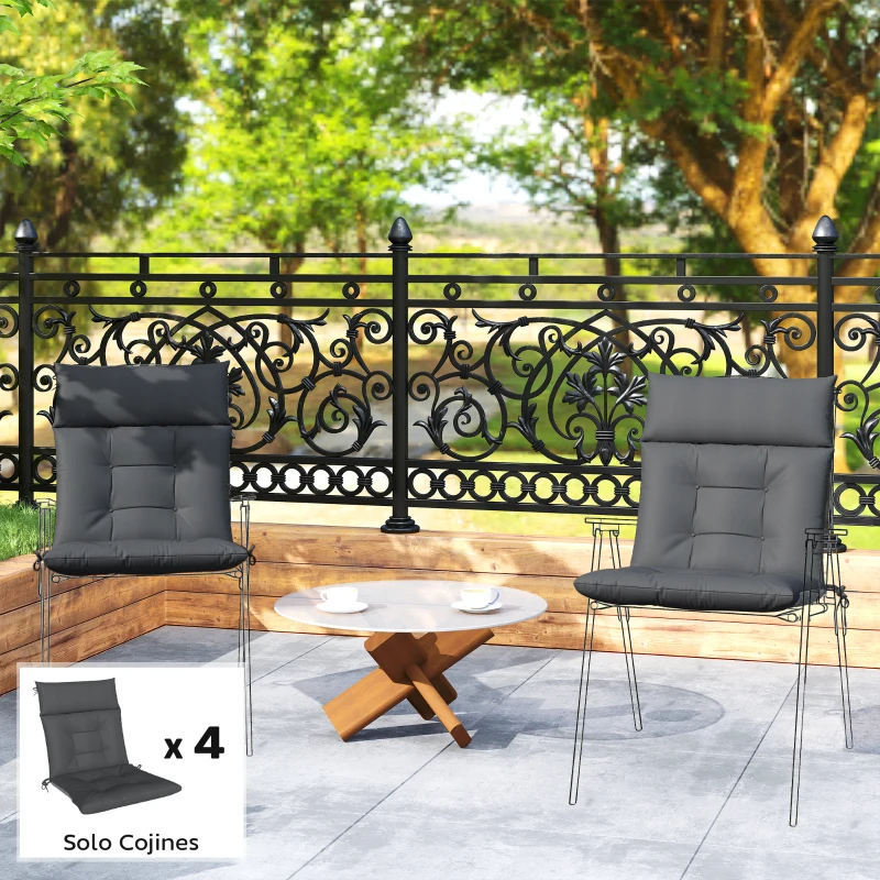 Outsunny Set de 4 Cojines para Sillas de Jardín Impermeables y Antideslizantes con Respaldo Correas 112x53 cm Gris Oscuro