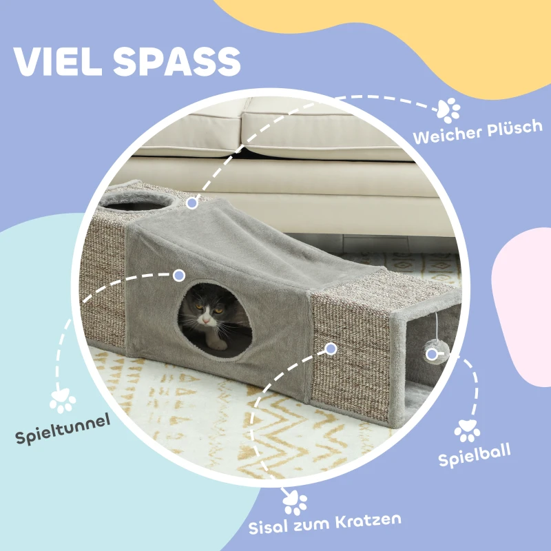 PawHut Kattentunnel met 2 Kattenholen, Kraboppervlakken en Balspeelgoed, 98 cm x 30 cm x 30 cm, Bruin + Grijs