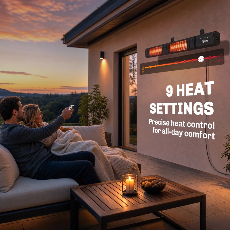 Outsunny Radiateur Infrarouge 3000W Mural IP65, Télécommande, Écran LED, Minuterie, 9 Niveaux, 102,4 x 10 x 5,5 cm, Noir